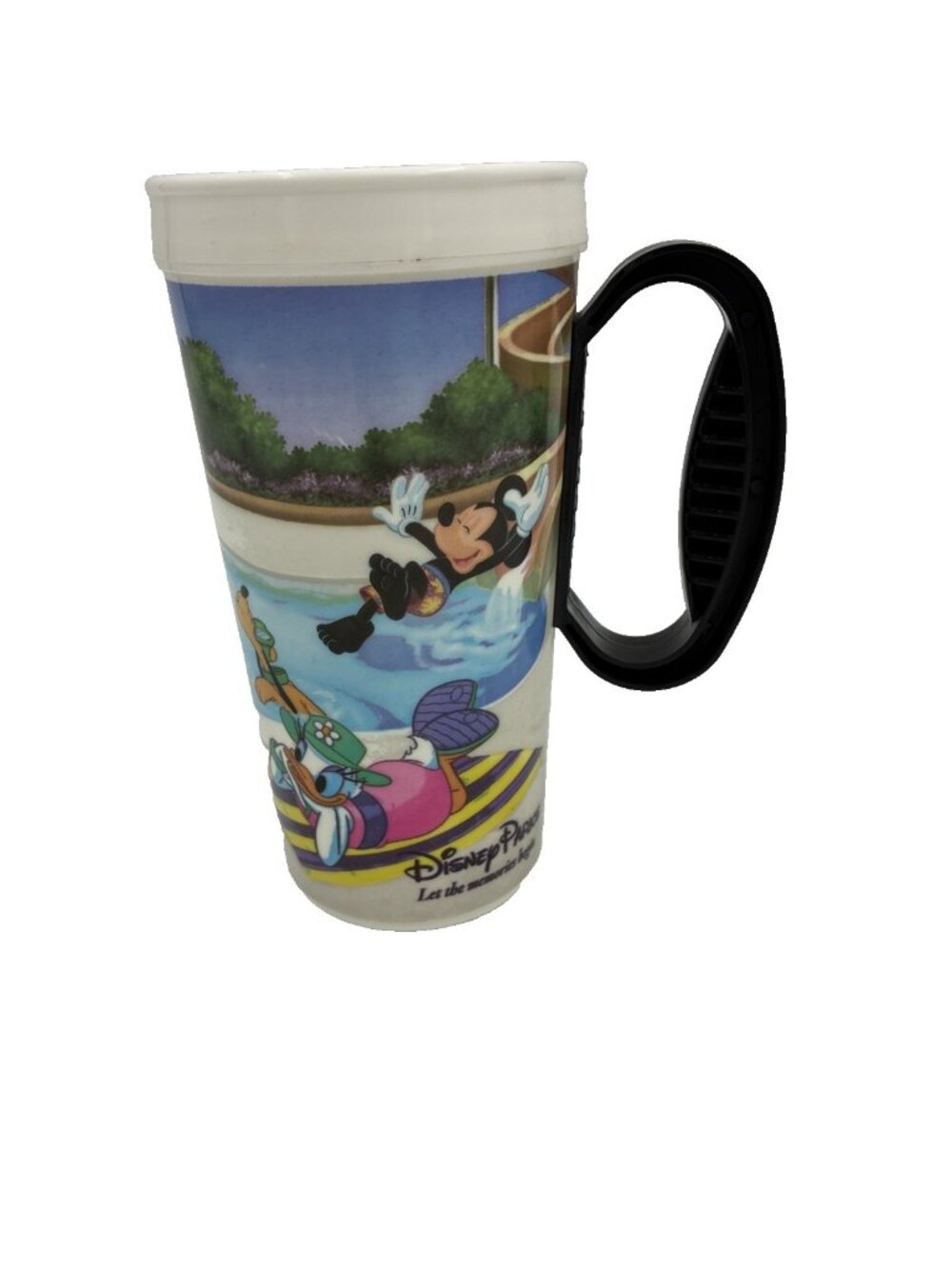 Disney Parks Mickey Minnie Donald Duck Souvenir Travel Cup Mug Black Handle